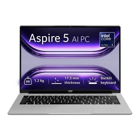 Acer Aspire 5 AI PC laptop shown from the front with Intel Core Ultra 5 branding, backlit keyboard, 1.2 kg weight, and 17.5 mm slim design.